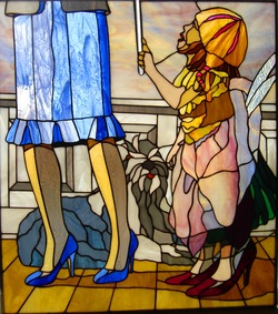 original stained glass design of little girl and her mom playing dress up by Tom Nelson